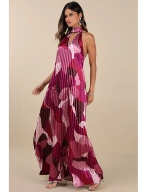 NWT Lulu’s Prime Poise Pink Multi Abstract Satin Halter Maxi Dress Medium Chic